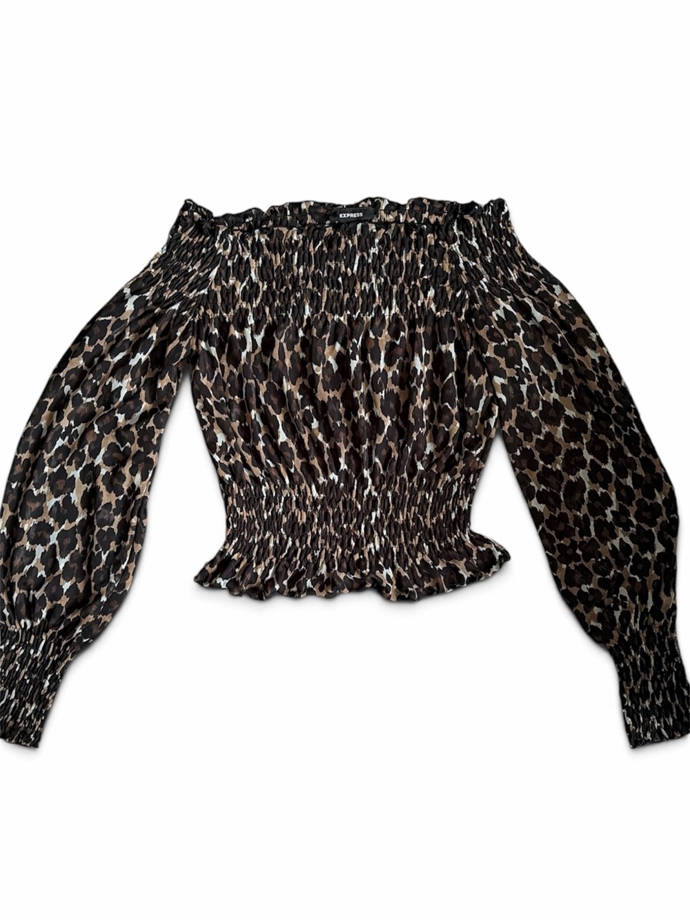 Express Leopard Print Off-Shoulder Smocked Blouse - Brown/Black
